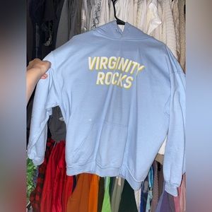 blue danny duncan virginity rocks hoodie with white and yellow printing